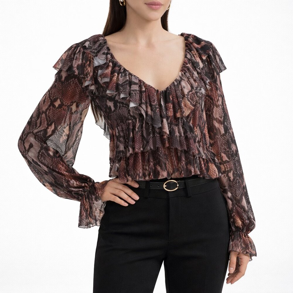 AFRM Addison Snakeskin Ruffle Mesh Crop Top Sheer Blouse
